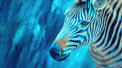 Wall Mural - a zebra with a blue face is staring at the camera. the blue color of the zebra's face creates a stri
