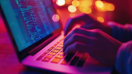 Software developer is skillfully typing code on a laptop keyboard, illuminated by the vibrant hues of festive lights, creating an innovative and productive work environment