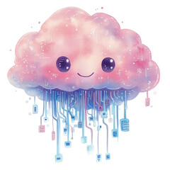 Cute kawaii cloud with digital elements and happy face in pastel colors isolated png