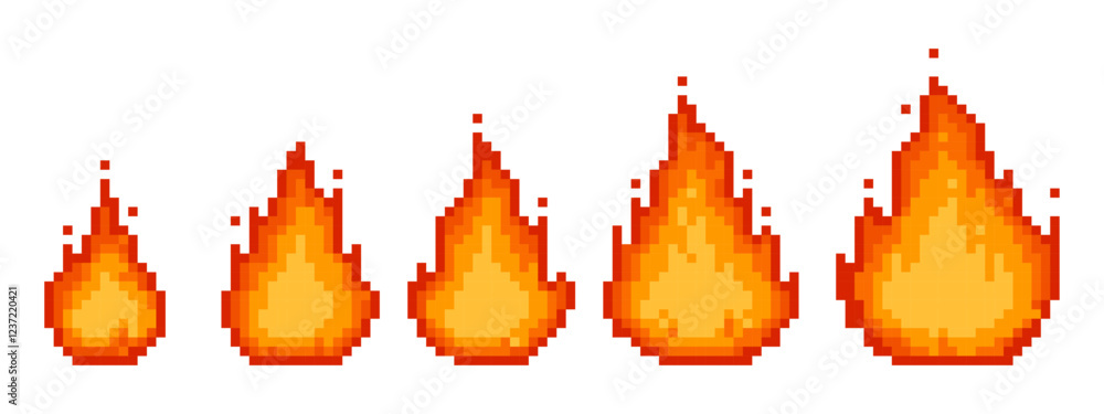 Pixel art of fire flames in various sizes. on a white background. 8 bit ...