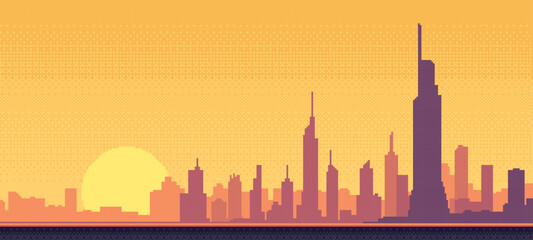 Wall Mural - 8-bit pixel art city skyline at sunset. minimalist design. 2d game design. clean flat vector illustr