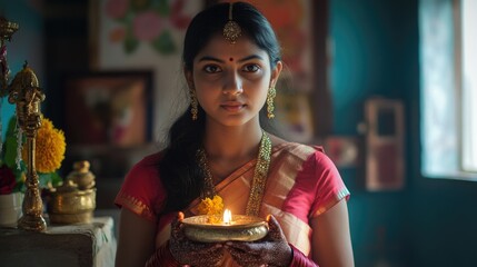 Wall Mural - A woman in a red sari holding a candle. Concept of warmth and tradition, as the woman is dressed in a traditional Indian outfit and holding a candle, which is often used in religious ceremonies