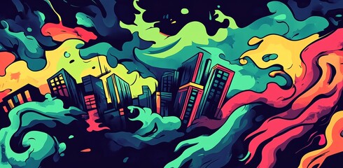 Wall Mural - At twilight, a bustling futuristic cityscape glows with vibrant neon lights