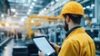 © LorelEino - An industrial psychologist in a manufacturing plant conducting human factors research on ergonomic workplace design, with factory workers and assembly lines visible, Ergonomic workplace design scene