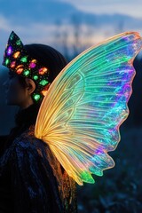 Wall Mural - a woman is wearing a colorful butterfly winged hat. the hat is made of a shiny material and has a ra