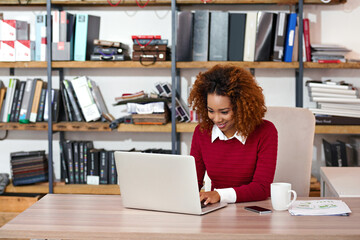 Poster - Office, laptop and business woman at publishing agency for career, job and online research. Professional, creative startup and person at desk on computer for planning, copywriting and editing project