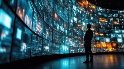Man observing futuristic digital screens in a curved room filled with data visualizations