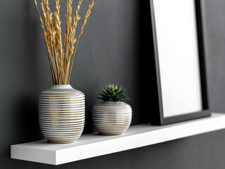 Wall Mural - Vases with golden stripes and plant on white shelf. Two vases with dried grass and succulent on shelf against dark wall