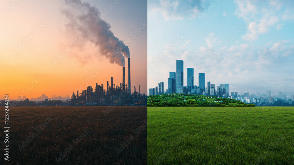 striking contrast between pollution and clean cityscape, showcasing ...