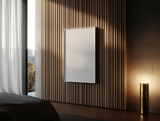 Wall Mural - Modern wall art on wooden wall in modern interior design. Interior decor with modern design and golden lamp