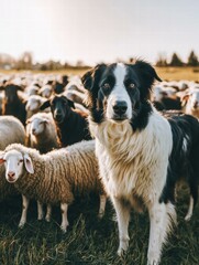 Canvas Print - Sheepdog guarding a flock of sheep. AI.