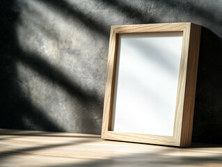 Wall Mural - Picture frame on wooden surface. Empty picture frame with light and shadow on wall. Wooden picture frame on table