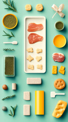 Wall Mural - A colorful flat lay of various food items, including meats, herbs, and condiments, arranged on a vibrant turquoise background.