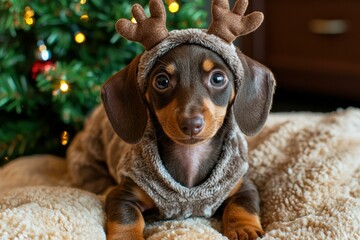 Poster - Adorable puppy snuggled in a cozy sweater. AI.