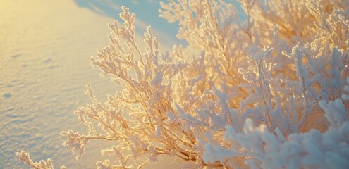 Wall Mural - Trees adorned with frost, glowing under a warm golden light that penetrates the winter fog