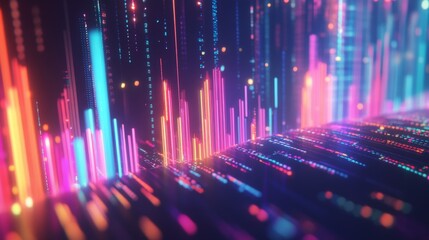 Fototapete - A D financial bar chart with sharp, colorful bars in an upward trend, surrounded by glowing lights and digital data points