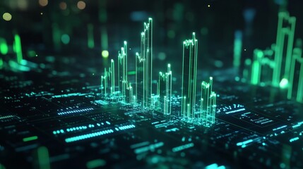 Poster - A D financial bar graph with green and blue bars rising in value on a futuristic digital display, showcasing business growth and economic progress