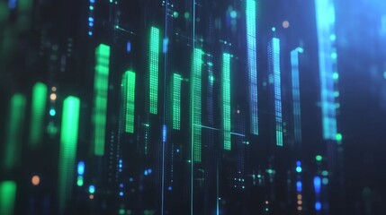 Poster - A D financial bar graph with green and blue bars rising in value on a futuristic digital display, showcasing business growth and economic progress