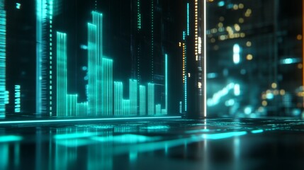 Poster - A D financial bar graph with green and blue bars rising in value on a futuristic digital display, showcasing business growth and economic progress