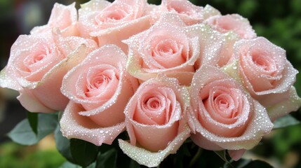 Poster - A bouquet of pink roses covered in morning dew, with a blurred outdoor setting creating a fresh, natural look
