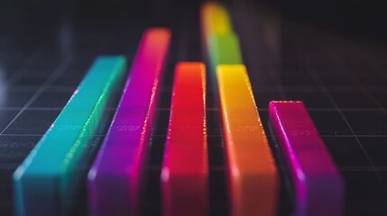 Poster - A close-up of a D bar graph with colorful, metallic bars rising against a dark background, showcasing data analysis and market performance