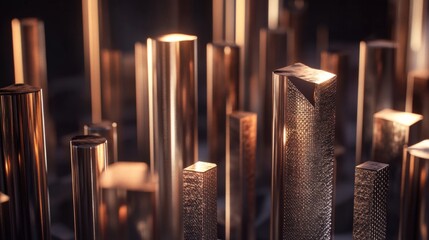 Aufkleber - A close-up of a D bar graph with textured metallic bars representing market growth, set against a dark, high-tech background