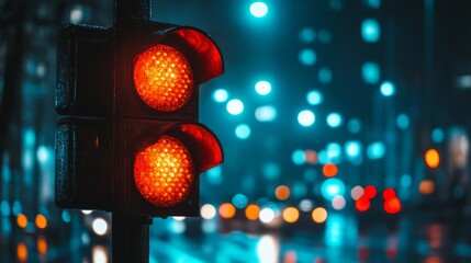 Poster - A close-up of a traffic light showing the red signal, illuminated against a dark city background with glowing street lights creating a dramatic urban setting