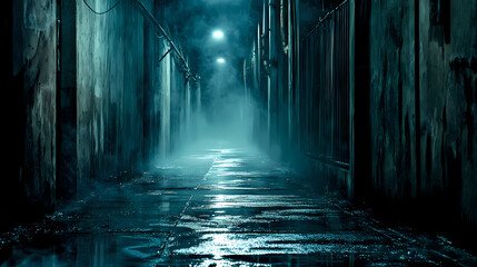 Wall Mural - A narrow, industrial alleyway with a wet floor, lit by dim lights, is shrouded in mist, creating a mysterious and eerie ambiance. Dystopian Noir. Illustration