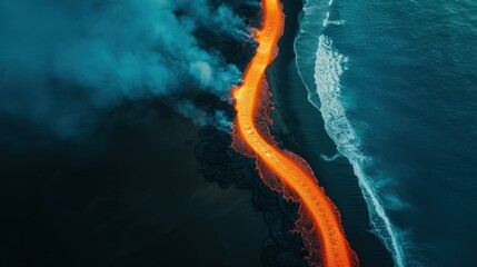 Wall Mural - Capture the stunning sight of molten lava flowing into the ocean, creating a dramatic display of natures power.