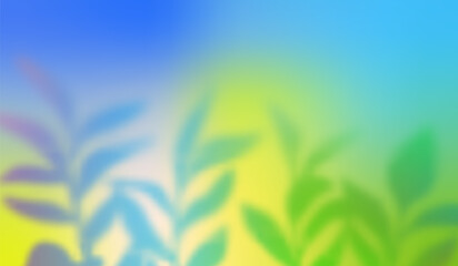 Aufkleber - Spring Background with Gradient and Leaves. Abstract Color Bg. Blue and Green Blur Texture. Shadow of Summer Plants Illustration. Pastel Colored Pattern. Spring Poster Design