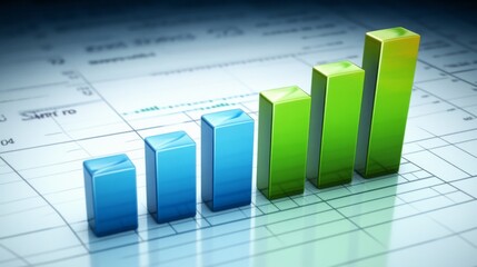 Poster - A financial bar graph displayed on a desktop monitor with vibrant bars in shades of green and blue, showing upward progress in stock trading