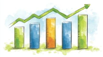 Poster - A financial bar graph displayed on a desktop monitor with vibrant bars in shades of green and blue, showing upward progress in stock trading