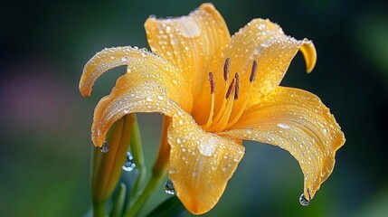 Poster - A fresh yellow flower with dew-covered petals, captured in the early morning light, with droplets delicately hanging from each petal