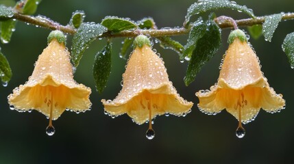 Poster - A fresh yellow flower with dew-covered petals, captured in the early morning light, with droplets delicately hanging from each petal