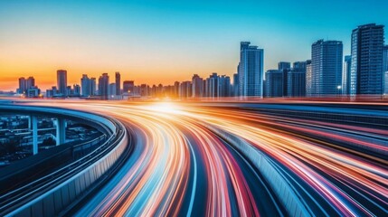 Fototapete - A futuristic cityscape with streaking lights and glowing lines stretching across buildings, symbolizing high-speed light travel within an advanced urban setting