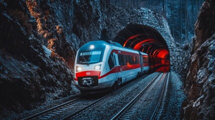 Fototapete - A high-speed train passing through a mountain tunnel, with its headlights bright against the darkness and the rocky landscape in the background