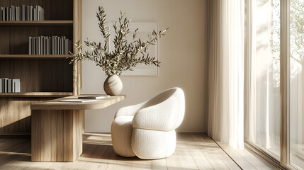 Sticker - Sunlit minimalist home office with a comfortable armchair, wooden desk, and built-in shelving.