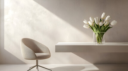 Wall Mural - A serene minimalist scene featuring a modern chair, a floating shelf, and a bouquet of white tulips in a glass vase. Sunlight streams into the room.