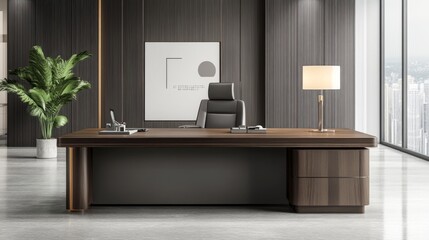 Poster - A modern minimalist office with a wooden desk, a potted plant, and a sleek lamp, all in neutral tones and clean lines, creating a productive workspace