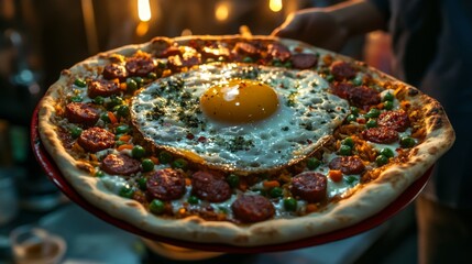 Wall Mural - A plate of American fried rice with diced sausages, peas, and carrots, topped with a fried egg, sitting on a vibrant ceramic plate with soft lighting