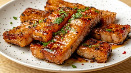 Wall Mural - A plate of fried pork belly with a crispy golden texture, topped with fish sauce and sprinkled with fresh herbs, set against a light wooden table with natural lighting