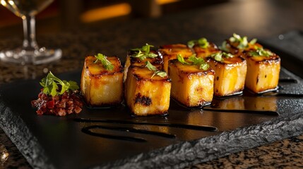 Wall Mural - A plate of golden, crispy pork belly, glistening with fish sauce, placed on a stone surface with a slight drizzle of sauce around the edges, accented by soft lighting