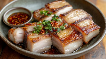 Wall Mural - A plate of perfectly fried pork belly with a crispy, golden texture, drizzled with savory fish sauce, set against a rustic wooden table with natural lighting