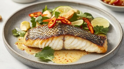 Wall Mural - A plate of perfectly fried seabass, topped with glossy fish sauce, garnished with chili and herbs, reflecting the flavors and textures of traditional Thai cuisine