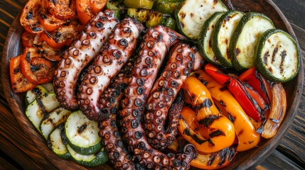 Wall Mural - A platter of grilled octopus tentacles surrounded by grilled peppers, onions, and zucchini, showcasing a colorful and delicious meal