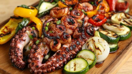 Wall Mural - A platter of grilled octopus tentacles surrounded by grilled peppers, onions, and zucchini, showcasing a colorful and delicious meal