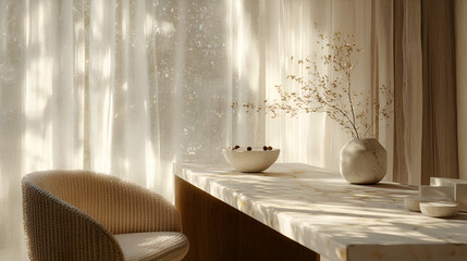 Sticker - Sunlit serenity: A minimalist interior scene with natural light illuminating a calm and peaceful space.