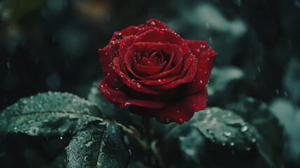 Poster - A red rose with water droplets surrounded by green leaves, photographed in soft natural light to enhance its vibrant color