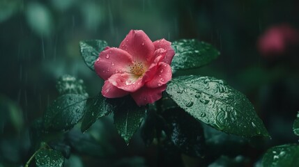 Poster - A red rose with water droplets surrounded by green leaves, photographed in soft natural light to enhance its vibrant color