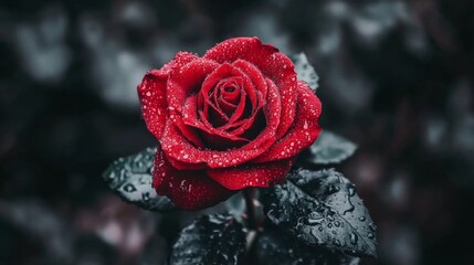 Poster - A red rose with water droplets surrounded by green leaves, photographed in soft natural light to enhance its vibrant color